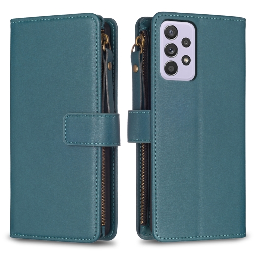 

For Samsung Galaxy A52 9 Card Slots Zipper Wallet Leather Flip Phone Case(Green)