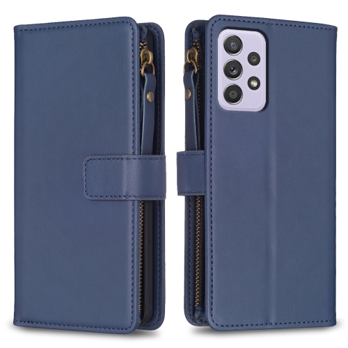 

For Samsung Galaxy A52 9 Card Slots Zipper Wallet Leather Flip Phone Case(Blue)