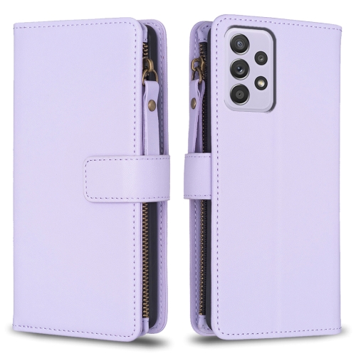 

For Samsung Galaxy A52 9 Card Slots Zipper Wallet Leather Flip Phone Case(Light Purple)