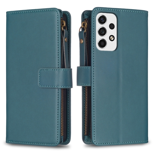 

For Samsung Galaxy A53 9 Card Slots Zipper Wallet Leather Flip Phone Case(Green)