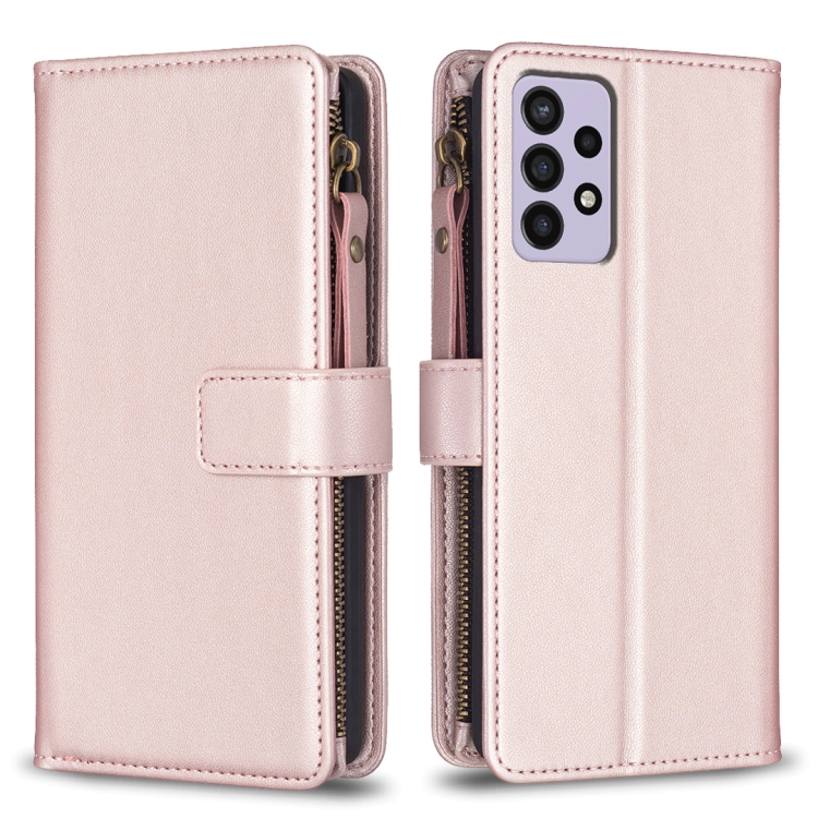 

For Samsung Galaxy A72 9 Card Slots Zipper Wallet Leather Flip Phone Case(Rose Gold)