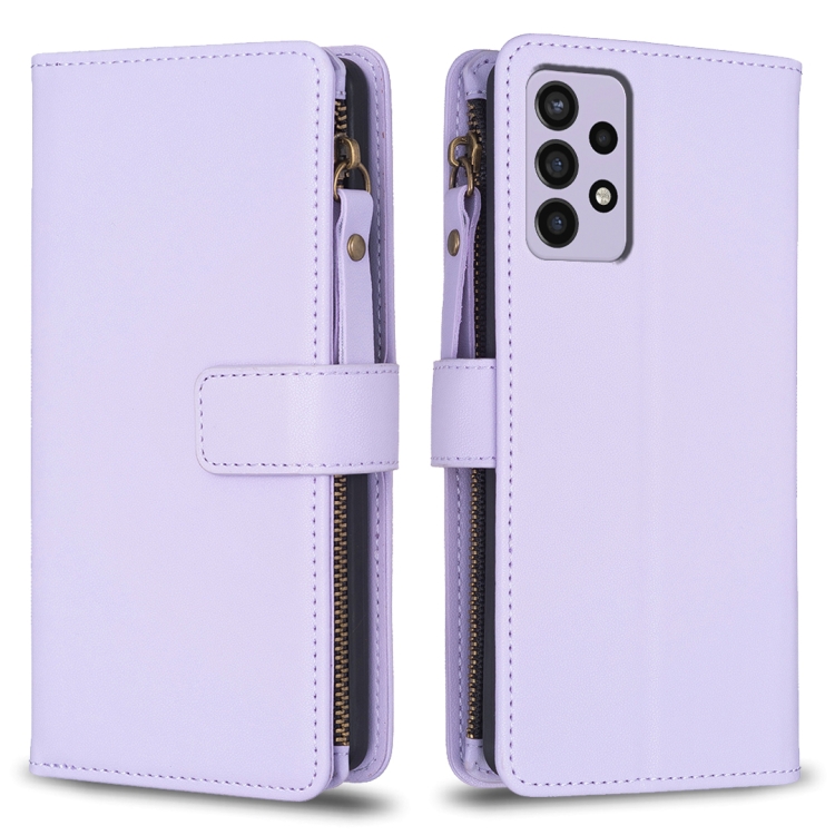 

For Samsung Galaxy A72 9 Card Slots Zipper Wallet Leather Flip Phone Case(Light Purple)