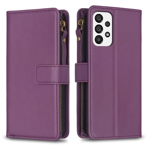 

For Samsung Galaxy A73 5G 9 Card Slots Zipper Wallet Leather Flip Phone Case(Dark Purple)