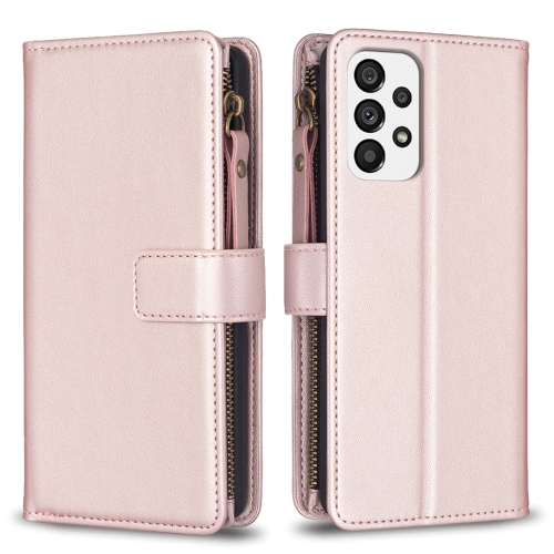 

For Samsung Galaxy A73 5G 9 Card Slots Zipper Wallet Leather Flip Phone Case(Rose Gold)