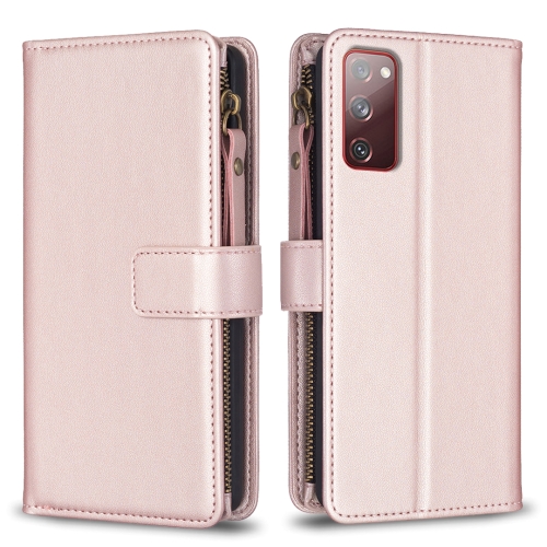 

For Samsung Galaxy S20 FE 9 Card Slots Zipper Wallet Leather Flip Phone Case(Rose Gold)