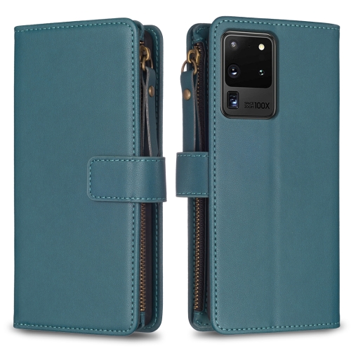 

For Samsung Galaxy S20 Ultra 9 Card Slots Zipper Wallet Leather Flip Phone Case(Green)