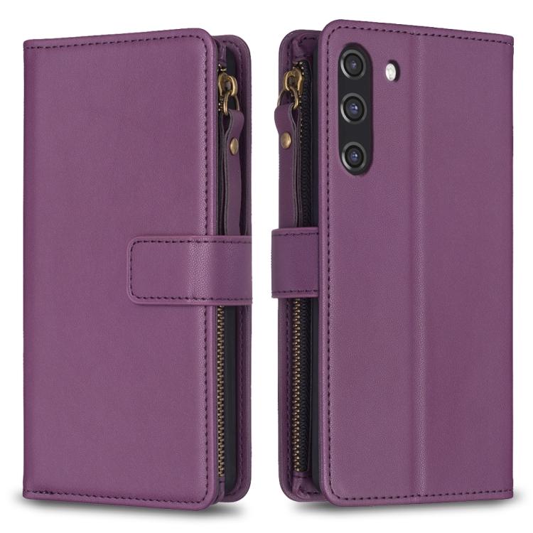 

For Samsung Galaxy S21 FE 5G 9 Card Slots Zipper Wallet Leather Flip Phone Case(Dark Purple)