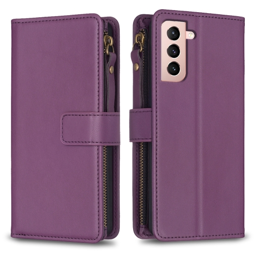 

For Samsung Galaxy S21 5G 9 Card Slots Zipper Wallet Leather Flip Phone Case(Dark Purple)