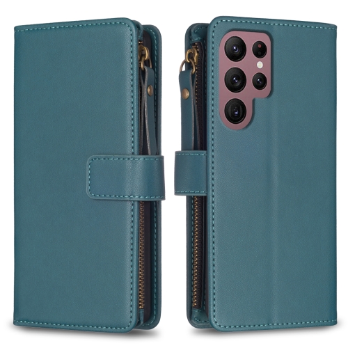 

For Samsung Galaxy S22 Ultra 5G 9 Card Slots Zipper Wallet Leather Flip Phone Case(Green)