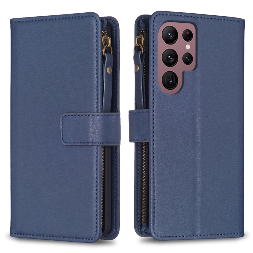 

For Samsung Galaxy S22 Ultra 5G 9 Card Slots Zipper Wallet Leather Flip Phone Case(Blue)