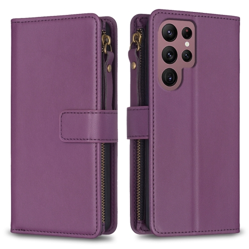 

For Samsung Galaxy S22 Ultra 5G 9 Card Slots Zipper Wallet Leather Flip Phone Case(Dark Purple)