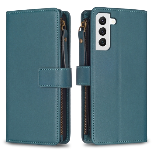 

For Samsung Galaxy S22 5G 9 Card Slots Zipper Wallet Leather Flip Phone Case(Green)