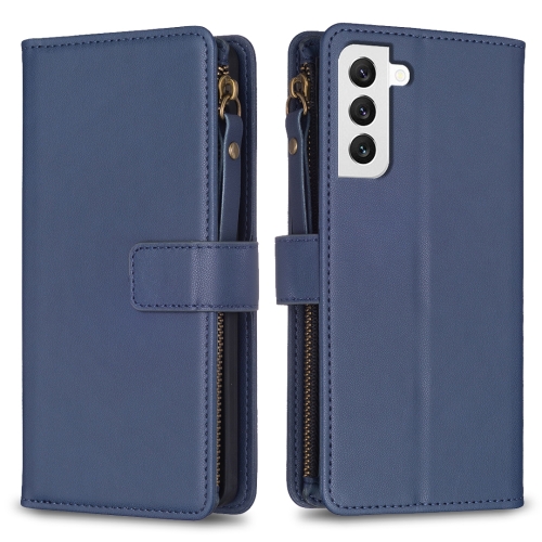 

For Samsung Galaxy S22 5G 9 Card Slots Zipper Wallet Leather Flip Phone Case(Blue)