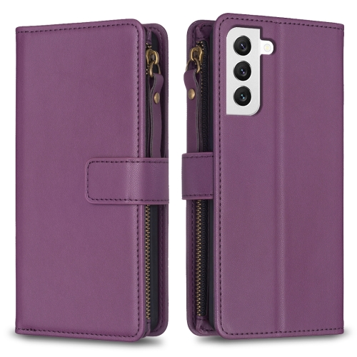 

For Samsung Galaxy S22 5G 9 Card Slots Zipper Wallet Leather Flip Phone Case(Dark Purple)