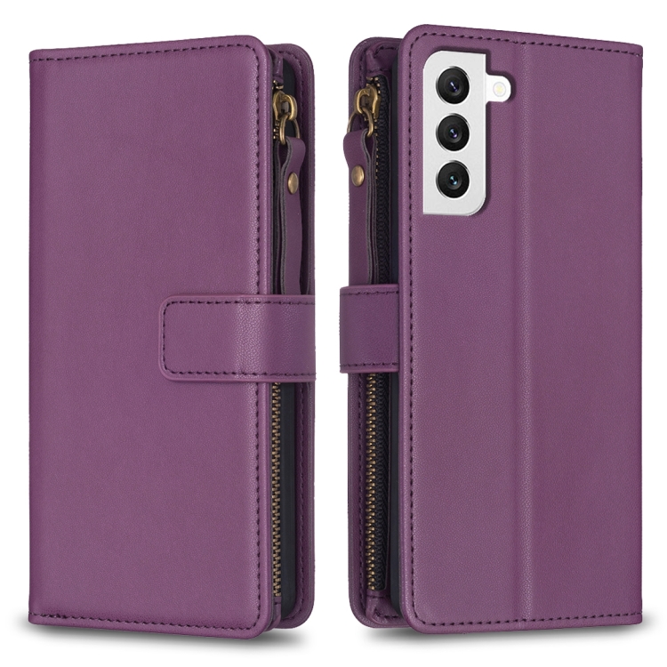 

For Samsung Galaxy S22 5G 9 Card Slots Zipper Wallet Leather Flip Phone Case(Dark Purple)