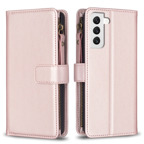 

For Samsung Galaxy S22 5G 9 Card Slots Zipper Wallet Leather Flip Phone Case(Rose Gold)
