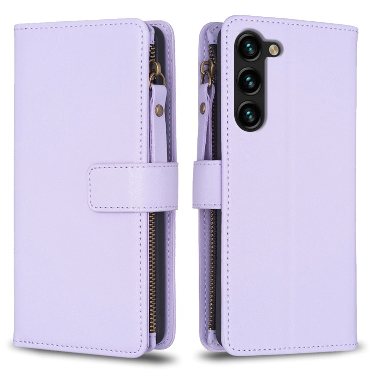 

For Samsung Galaxy S23+ 5G 9 Card Slots Zipper Wallet Leather Flip Phone Case(Light Purple)