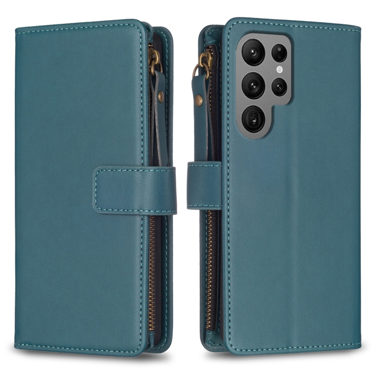 

For Samsung Galaxy S23 Ultra 5G 9 Card Slots Zipper Wallet Leather Flip Phone Case(Green)