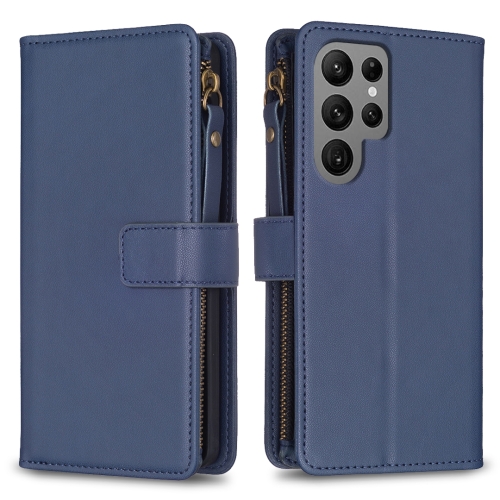 For Samsung Galaxy S23 Ultra 5G 9 Card Slots Zipper Wallet Leather Flip Phone Case(Blue)