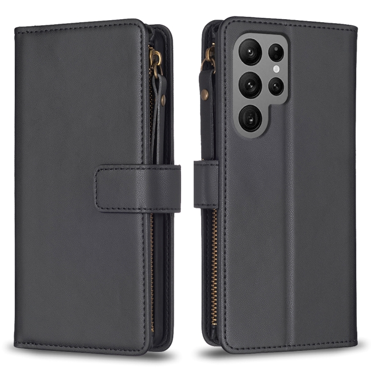 

For Samsung Galaxy S23 Ultra 5G 9 Card Slots Zipper Wallet Leather Flip Phone Case(Black)