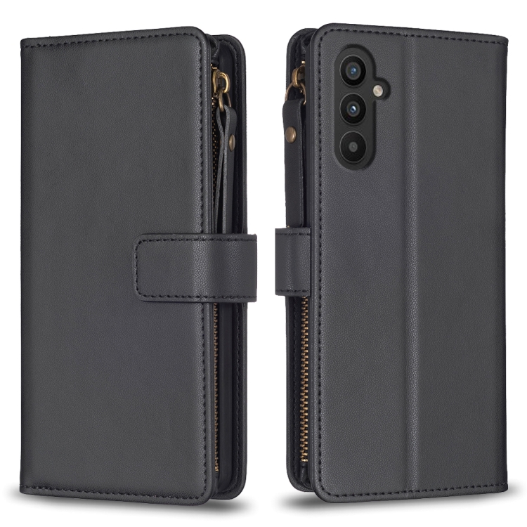 

For Samsung Galaxy A25 5G 9 Card Slots Zipper Wallet Leather Flip Phone Case(Black)