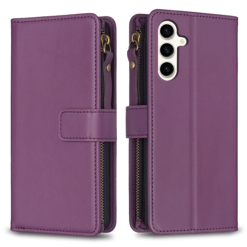 

For Samsung Galaxy S23 FE 5G 9 Card Slots Zipper Wallet Leather Flip Phone Case(Dark Purple)