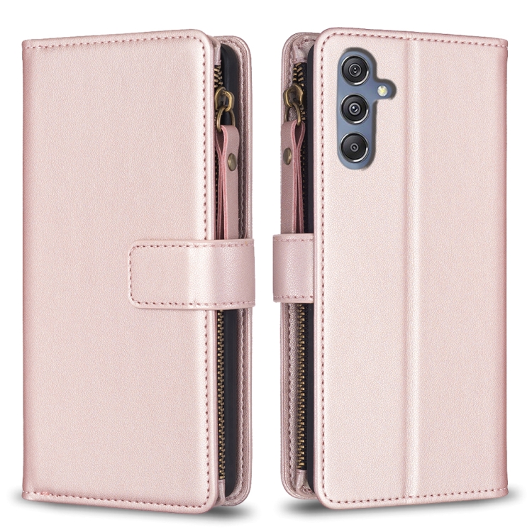 

For Samsung Galaxy M34 5G 9 Card Slots Zipper Wallet Leather Flip Phone Case(Rose Gold)