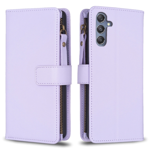 

For Samsung Galaxy M34 5G 9 Card Slots Zipper Wallet Leather Flip Phone Case(Light Purple)