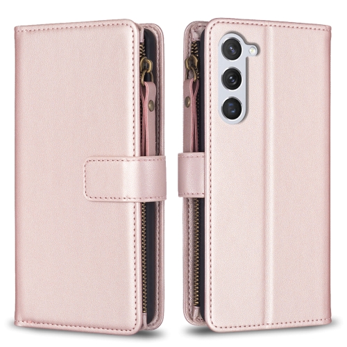 

For Samsung Galaxy S24 5G 9 Card Slots Zipper Wallet Leather Flip Phone Case(Rose Gold)