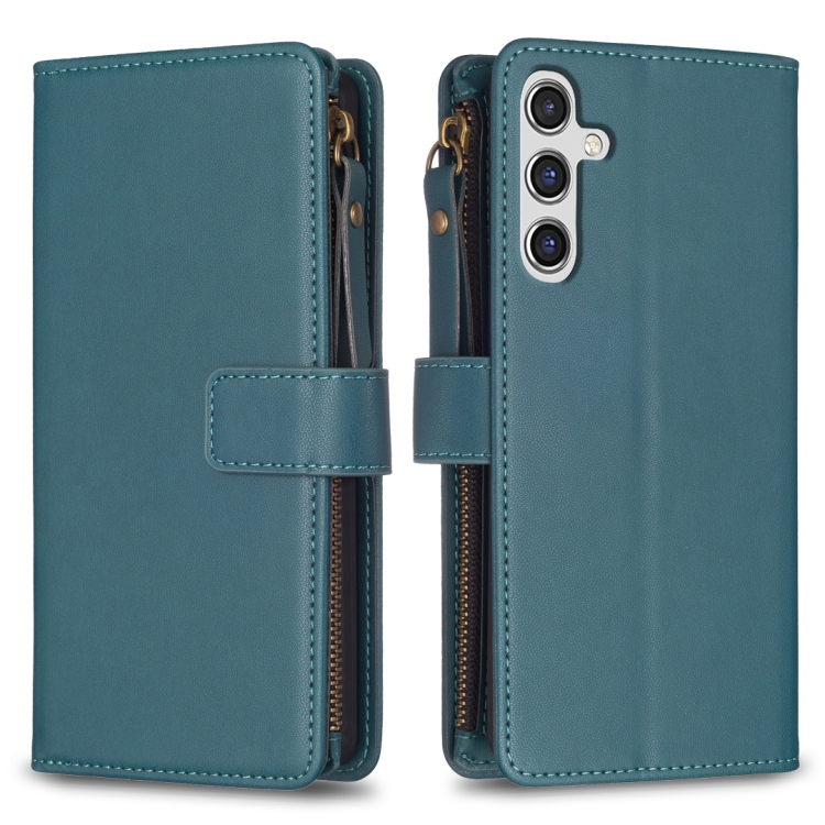 

For Samsung Galaxy A55 9 Card Slots Zipper Wallet Leather Flip Phone Case(Green)