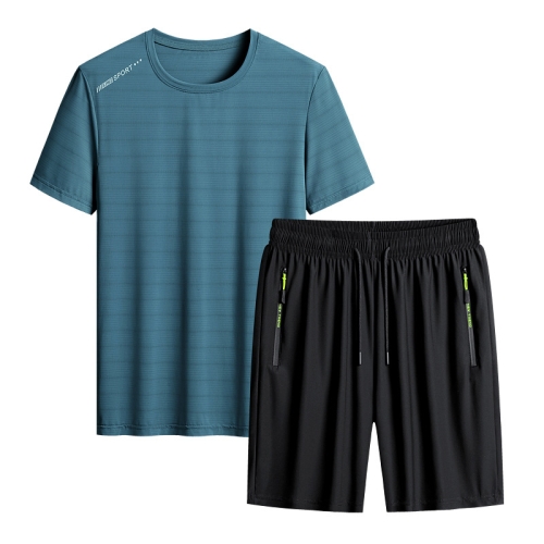 

Summer Men T-shirt Short Pants Sports Suit Casual Fitness Two-piece Set, Size:L(Dark Green Top+Black Shorts)