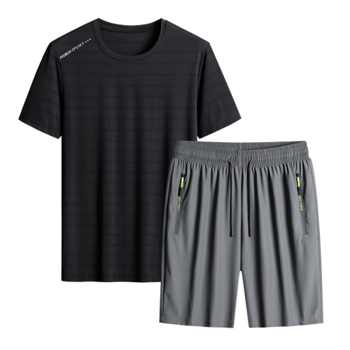 

Summer Men T-shirt Short Pants Sports Suit Casual Fitness Two-piece Set, Size:XXXL(Black Top+Grey Shorts)