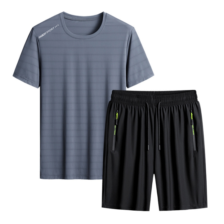 

Summer Men T-shirt Short Pants Sports Suit Casual Fitness Two-piece Set, Size:XXXXXXXL(Grey Top+Black Shorts)