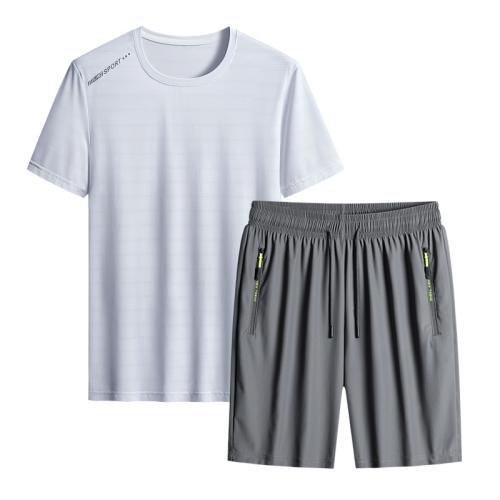 

Summer Men T-shirt Short Pants Sports Suit Casual Fitness Two-piece Set, Size:XXXXXXXXL(White Top+Grey Shorts)