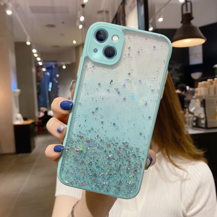 

For iPhone 14 Plus Starry Gradient Glitter Powder TPU Phone Case(Lake Green)