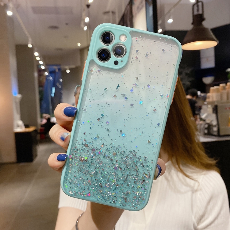 

For iPhone 14 Pro Starry Gradient Glitter Powder TPU Phone Case(Lake Green)