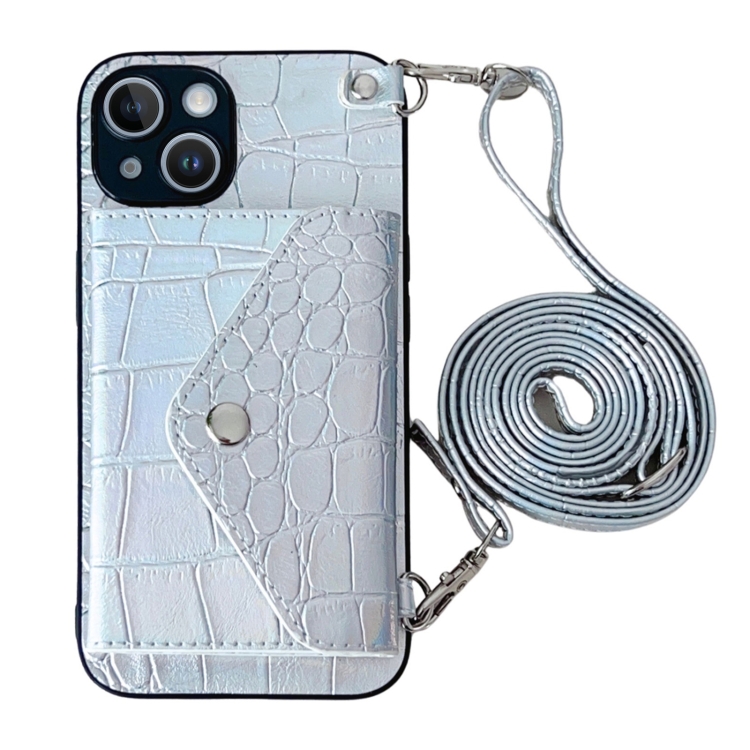 

For iPhone 14 Plus Crocodile Texture Lanyard Card Slot Phone Case(Silver)