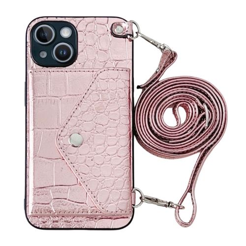 

For iPhone 14 Plus Crocodile Texture Lanyard Card Slot Phone Case(Rose Gold)