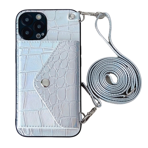 

For iPhone 14 Pro Max Crocodile Texture Lanyard Card Slot Phone Case(Silver)