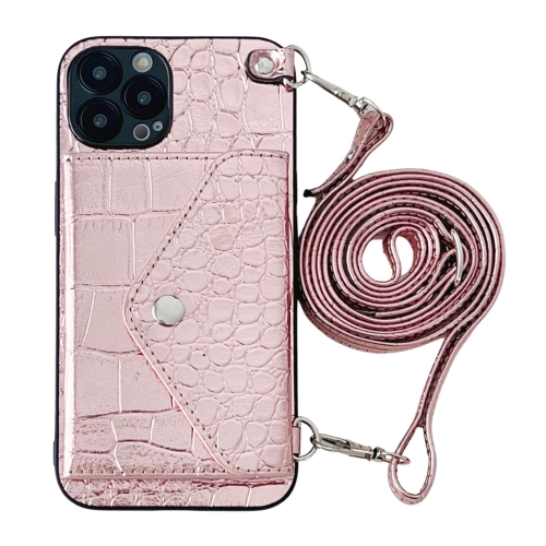 

For iPhone 14 Pro Max Crocodile Texture Lanyard Card Slot Phone Case(Rose Gold)