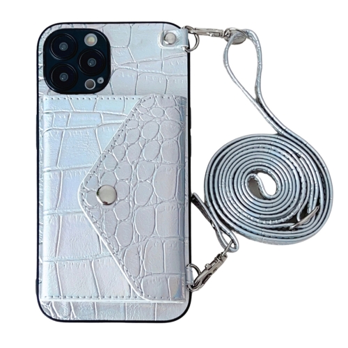 

For iPhone 13 Pro Max Crocodile Texture Lanyard Card Slot Phone Case(Silver)