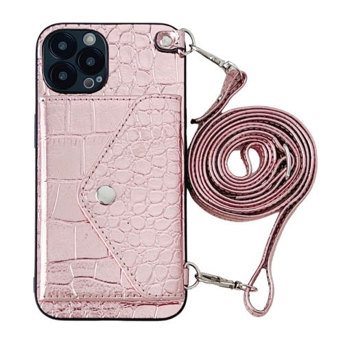 

For iPhone 13 Pro Max Crocodile Texture Lanyard Card Slot Phone Case(Rose Gold)