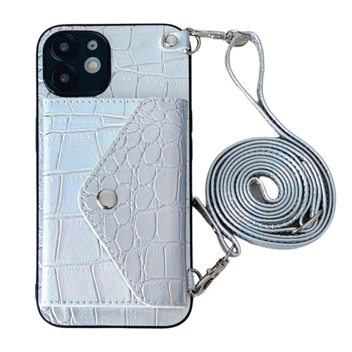 

For iPhone 12 Crocodile Texture Lanyard Card Slot Phone Case(Silver)