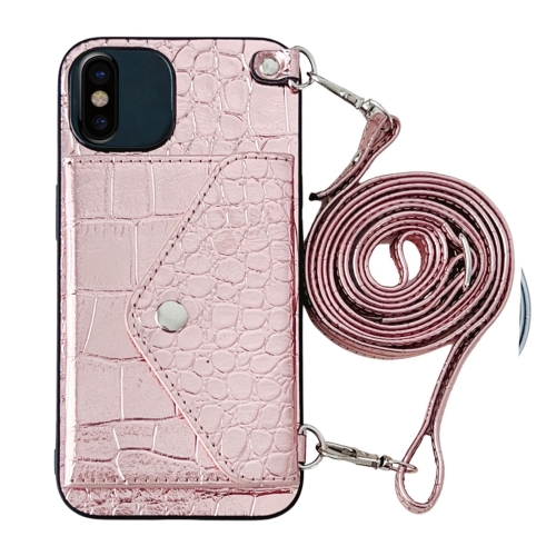 

For iPhone XS / X Crocodile Texture Lanyard Card Slot Phone Case(Rose Gold)