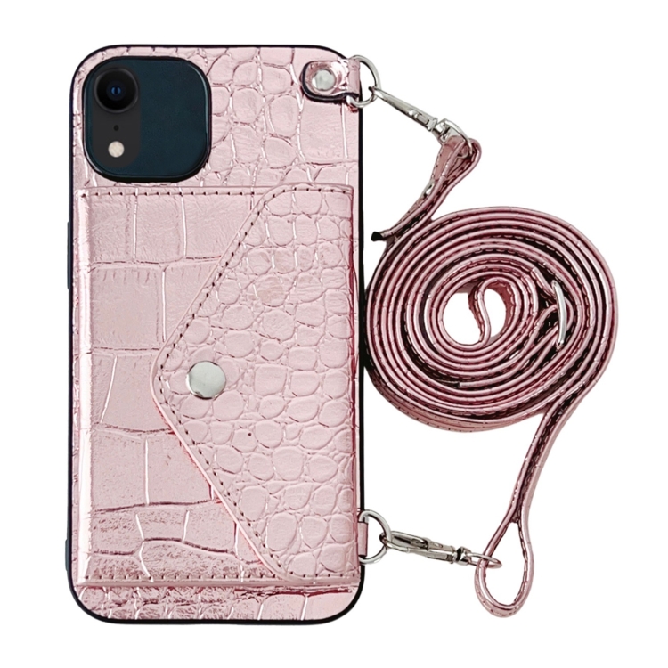 

For iPhone XR Crocodile Texture Lanyard Card Slot Phone Case(Rose Gold)