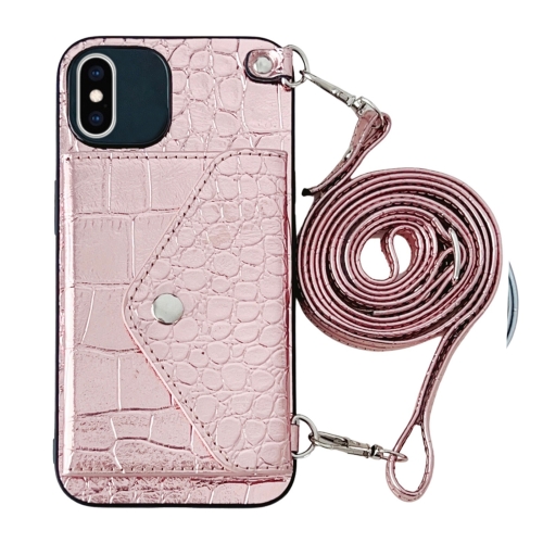 

For iPhone XS Max Crocodile Texture Lanyard Card Slot Phone Case(Rose Gold)