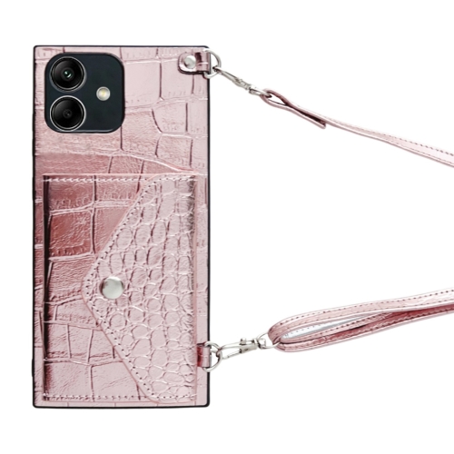 

For Samsung Galaxy A04 Crocodile Texture Lanyard Card Slot Phone Case(Rose Gold)