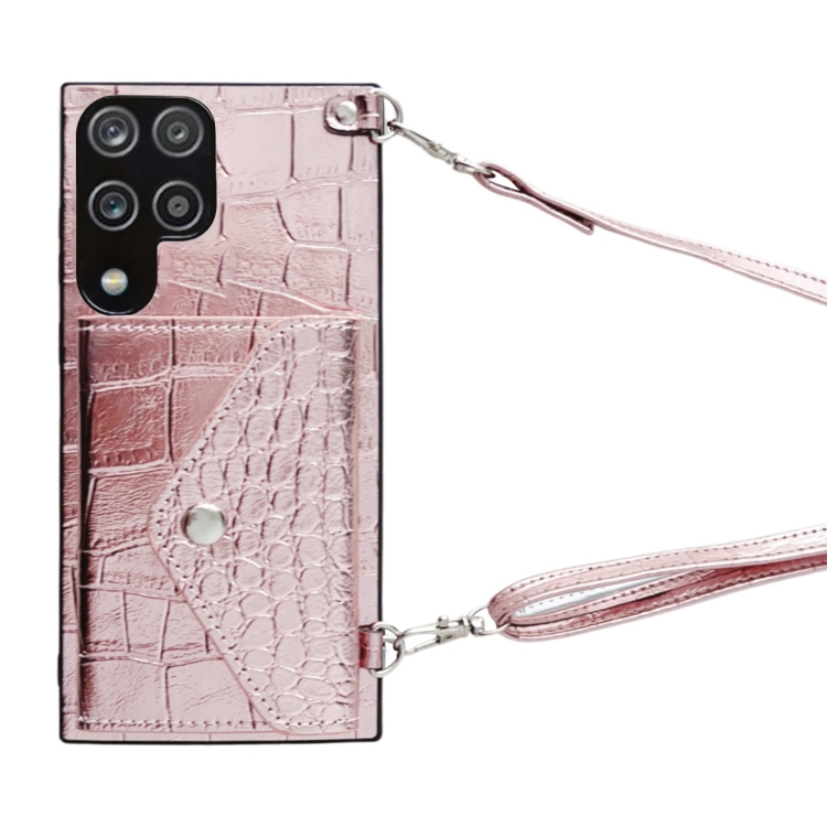 

For Samsung Galaxy A12 Crocodile Texture Lanyard Card Slot Phone Case(Rose Gold)