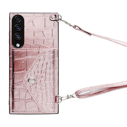 

For Samsung Galaxy A30s Crocodile Texture Lanyard Card Slot Phone Case(Rose Gold)