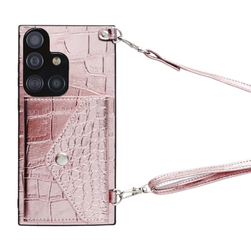 

For Samsung Galaxy A51 Crocodile Texture Lanyard Card Slot Phone Case(Rose Gold)